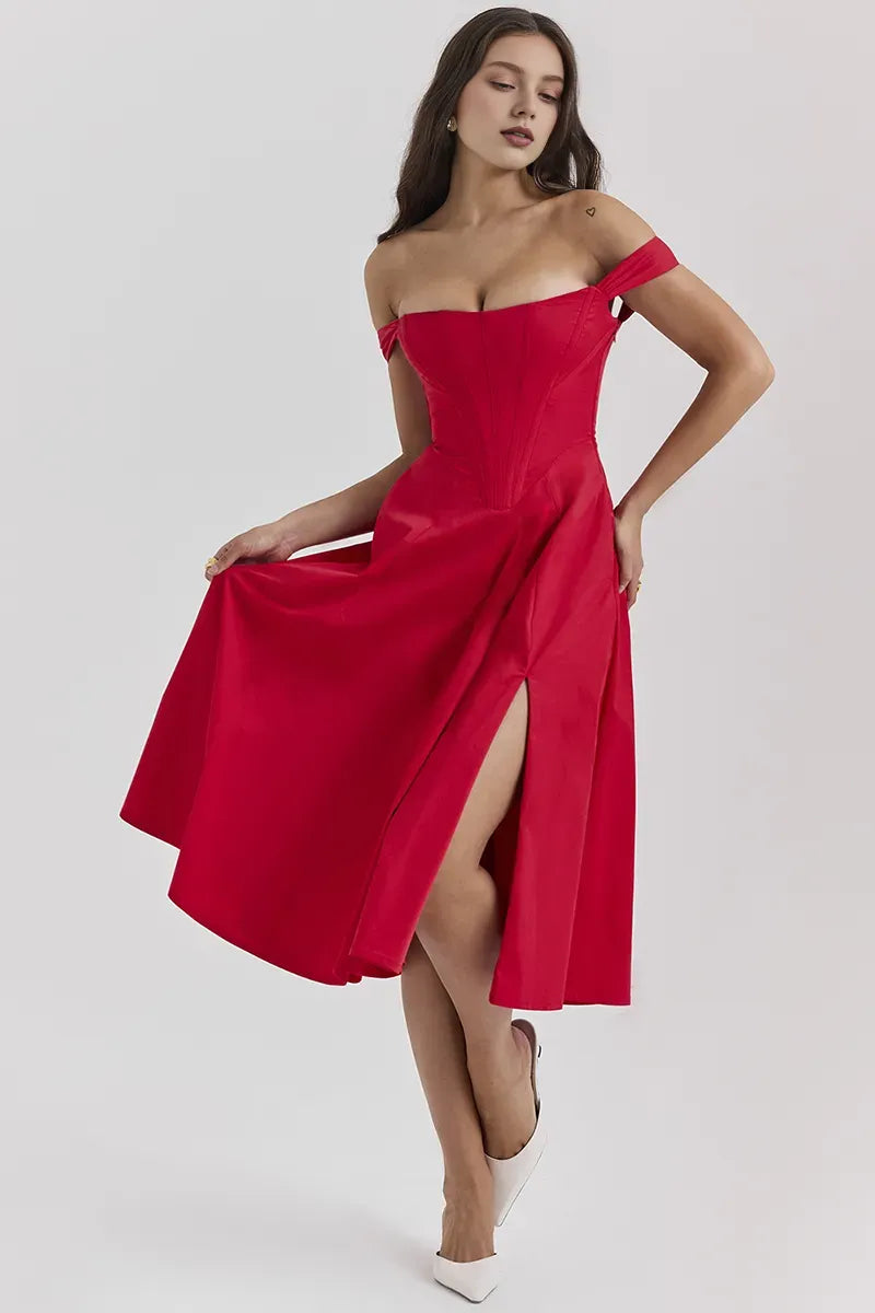 Robe Weitese trapèze/princesse simple sans bretelles, épaules tombantes, corset fendu, couleur unie, mi-longue, rouge